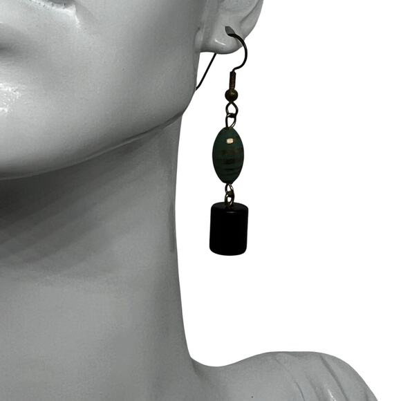 Boho Turquoise & Black Drop Earring - Gold-Tone Striped Jade Bead Dangle - Picture 6 of 7